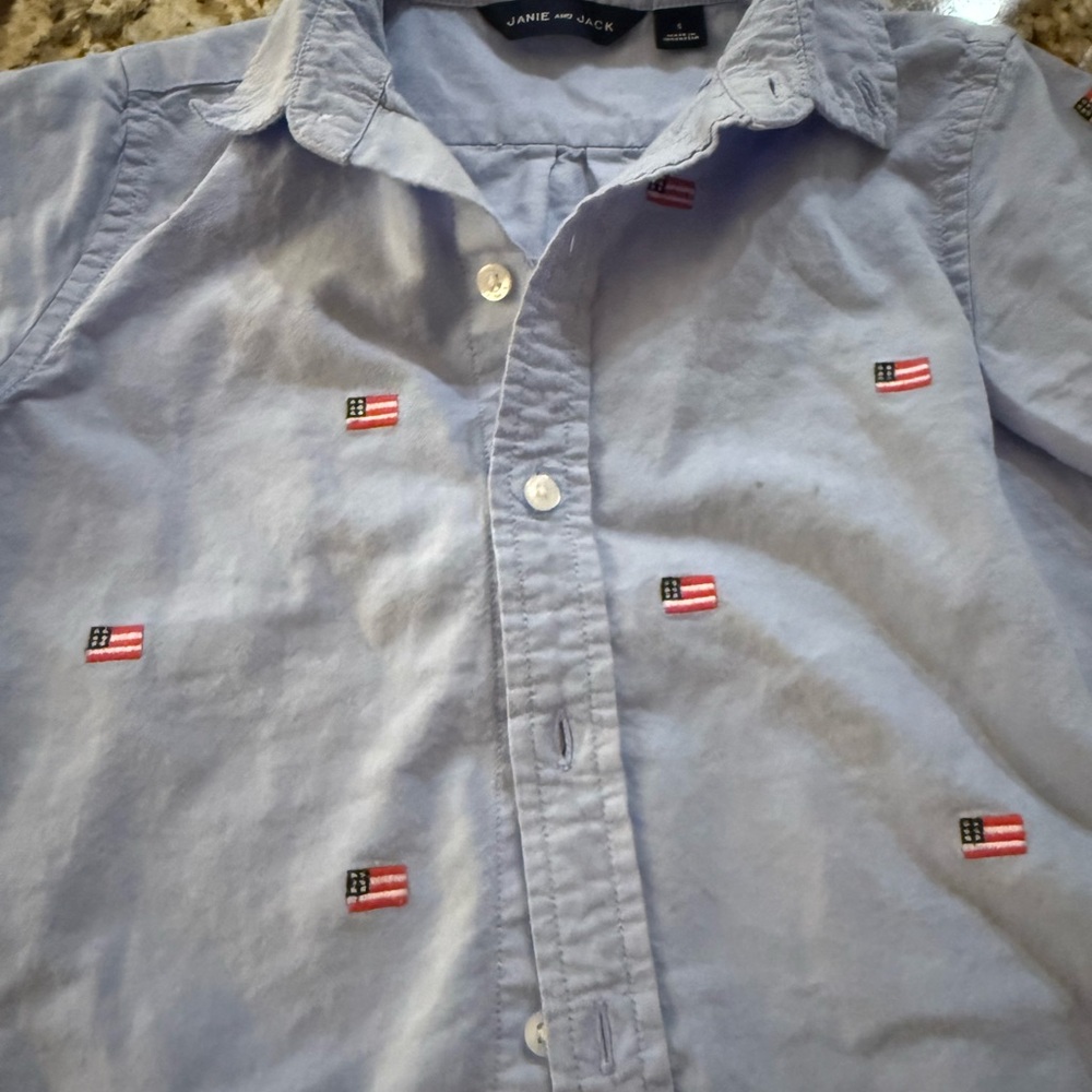 Janie and Jack Light Blue Button-Down with Embroidered Flags